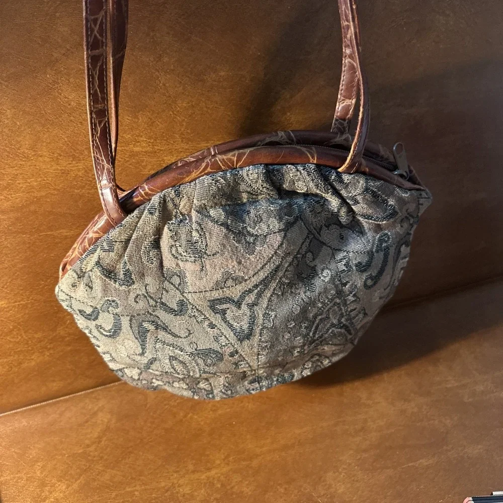 Vintage Brown Floral Tapestry Shoulder Bag Brown Leather Trim
